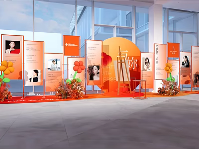 Orange Themed Exhibition Display With Photo Boards Text Content And Flower Decorations 3d model