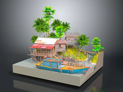 Cartoon Scene with Palm Trees Wooden House Red Roof Stilt Platform and Blue Boat 3d model
