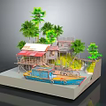 Cartoon Scene with Palm Trees Wooden House Red Roof Stilt Platform and Blue Boat