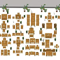 Versatile Bamboo Table And Chair Sets With Small Potted Plants For Various Spaces 3d model