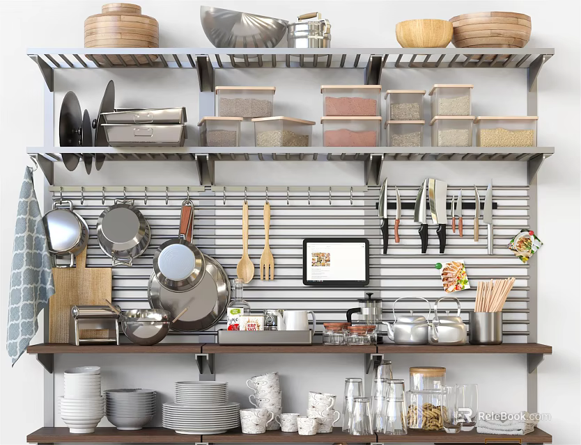 Organized Kitchenware Display On Wall Mounted Shelves With Bowls Dishes Pans And Knives 3d model 