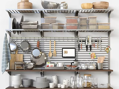Organized Kitchenware Display On Wall Mounted Shelves With Bowls Dishes Pans And Knives 3d model