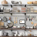 Organized Kitchenware Display On Wall Mounted Shelves With Bowls Dishes Pans And Knives