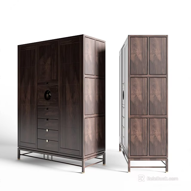 Modern Walnut Wooden Wardrobe With Multiple Doors Drawers And Metal Legs 3d model 
