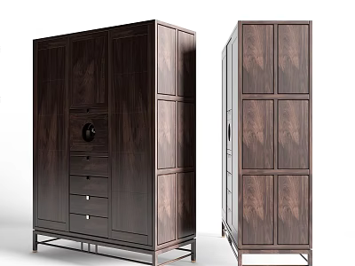 Modern Walnut Wooden Wardrobe With Multiple Doors Drawers And Metal Legs 3d model