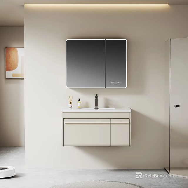 Modern Minimalist Bathroom Vanity With Lighted Mirror White Countertop And Cabinet 3d model 