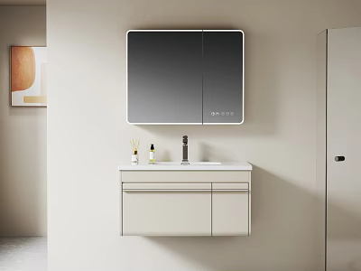 Modern Minimalist Bathroom Vanity With Lighted Mirror White Countertop And Cabinet 3d model