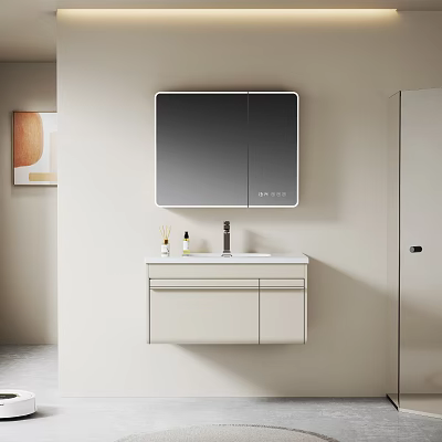 Modern Minimalist Bathroom Vanity With Lighted Mirror White Countertop And Cabinet 3d model
