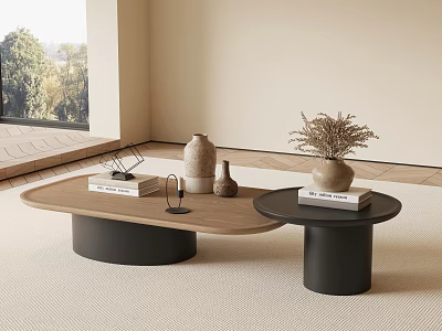 Modern Living Room With Wooden Top Black Base Coffee Tables And Decorative Vases 3d model
