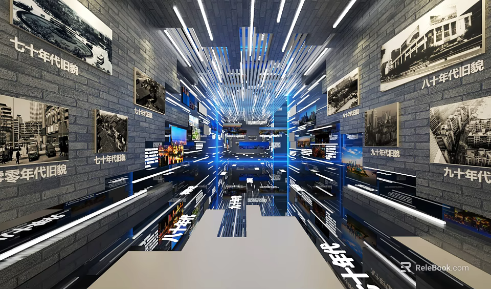 Modern Exhibition Hall Long Corridor With Brick Walls Black White Photos Blue Lighting 3d model 