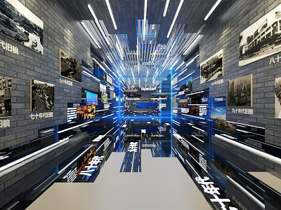 Modern Exhibition Hall Long Corridor With Brick Walls Black White Photos Blue Lighting 3d model