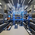 Modern Exhibition Hall Long Corridor With Brick Walls Black White Photos Blue Lighting