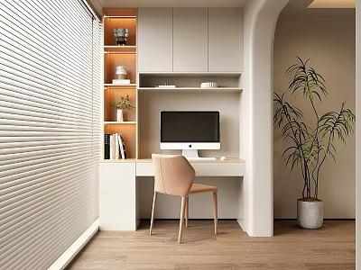 Modern Desk With Computer Monitor Chair Shelves Near Window Blinds And Potted Plant 3d model