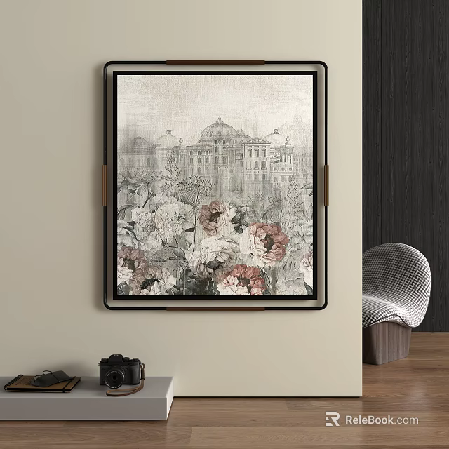 Abstract Painting With Dome Building Flowers And Birds For Interior Decor 3d model 