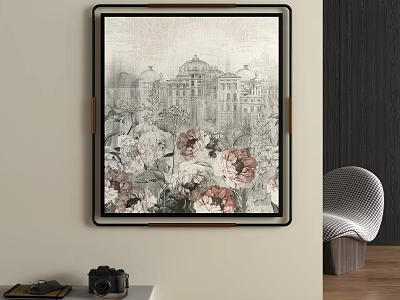 Abstract Painting With Dome Building Flowers And Birds For Interior Decor 3d model