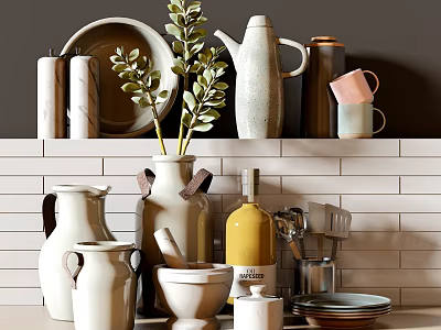 Modern Tableware Set With Ceramic Vases Jars Plates And Green Plant On Kitchen Shelf 3d model