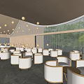 Modern Sales Office Interior With Curved Wooden Ceiling Comfortable Seating And Natural Light Design