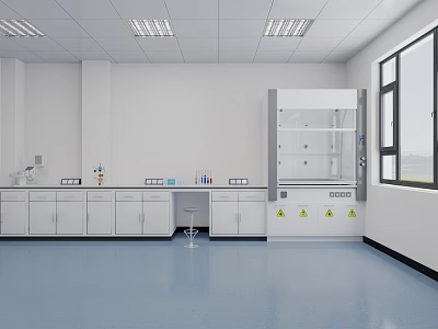 Modern Laboratory Interior With White Walls Blue Floor Lab Countertops And Fume Hood 3d model