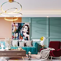 Turquoise Sofa and Wooden Coffee Table Set with Red Accent Chairs Colorful Artwork and Chandelier