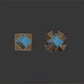 Two Metallic Geometric Sculptures With Copper Finish Ornate Polygonal Designs And Reflective Surfaces