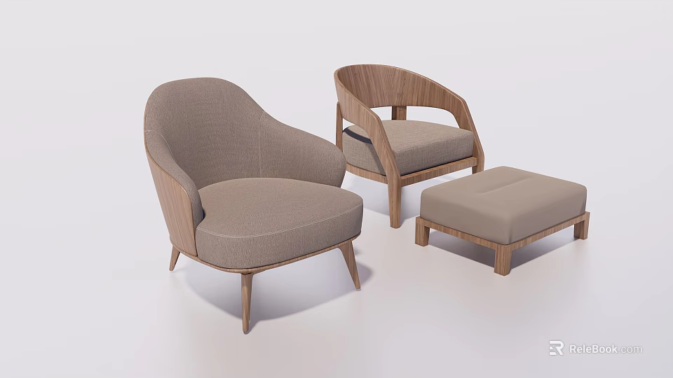 Modern Single Sofa with Wooden Frame Fabric Cushion and Matching Ottoman 3d model 