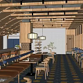 Traditional Japanese Restaurant Interior With Wooden Screens Lanterns Long Tables And Benches