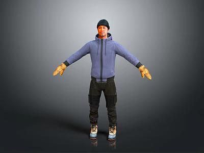 Man In Purple Hoodie Black Pants Yellow Gloves White Blue Shoes Standing On Gray Background 3d model