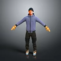 Man In Purple Hoodie Black Pants Yellow Gloves White Blue Shoes Standing On Gray Background