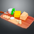 Decorative Ornament Set With Wooden Tray Various Shaped Cheese Blocks Knife Grapes And Bowl