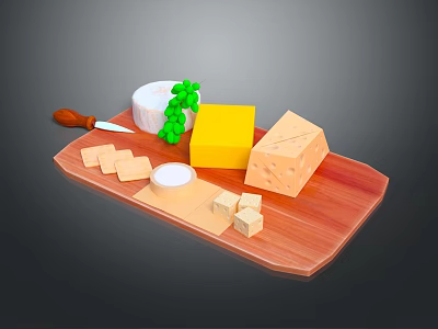Decorative Ornament Set With Wooden Tray Various Shaped Cheese Blocks Knife Grapes And Bowl 3d model