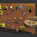 Rocky Terrain Model Displaying Orange Peaks Yellow Layers Black Stones And Wooden Boat