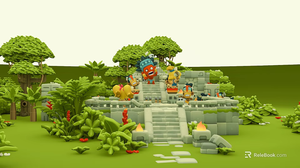Ancient Jungle Ruins Scene With Stone Steps Lush Vegetation And Green Trees 3d model 