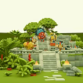 Ancient Jungle Ruins Scene With Stone Steps Lush Vegetation And Green Trees