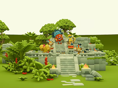 Ancient Jungle Ruins Scene With Stone Steps Lush Vegetation And Green Trees 3d model