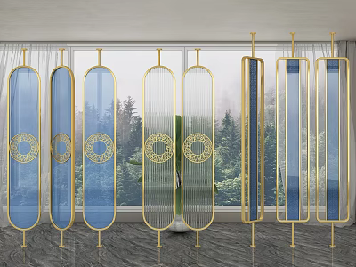 Elegant Modern Room Dividers With Golden Frame Blue Glass And Circular Patterns 3d model