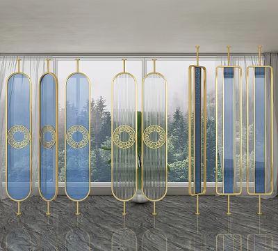 Elegant Modern Room Dividers With Golden Frame Blue Glass And Circular Patterns 3d model