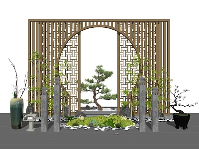 Traditional Chinese Courtyard Garden With Wooden Lattice Screen Circular Archway Pine Tree And Green Plants 3d model