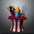 Red White Striped Hat With Blue Stars Holding Colorful Party Supplies Confetti Sticks Silver Streamers