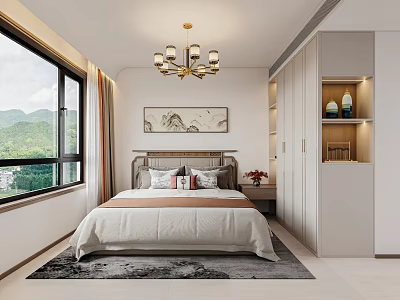 Modern Bedroom Interior with Large Bed Decorative Painting Chandelier Wardrobe Carpet and Mountain View Window 3d model