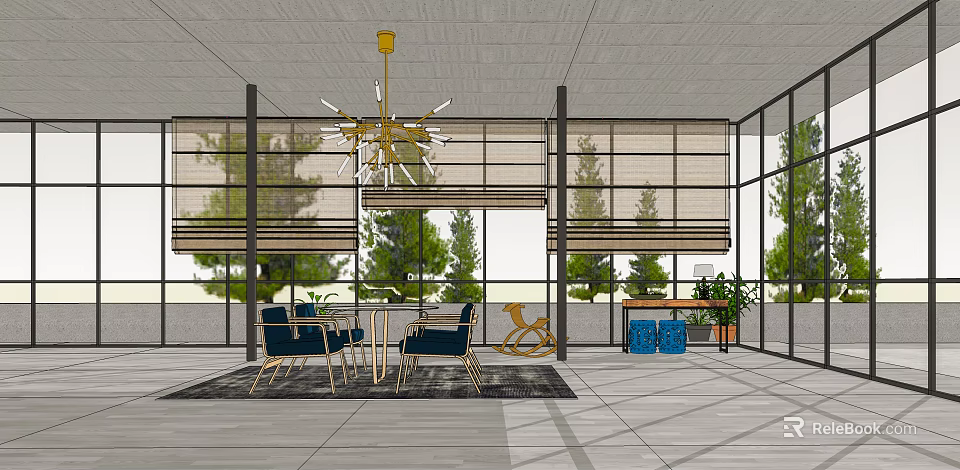 Modern Casual Lounge Area With Chandelier Tables Chairs Large Windows Blinds Plants And Rug 3d model 