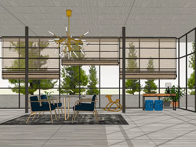 Modern Casual Lounge Area With Chandelier Tables Chairs Large Windows Blinds Plants And Rug 3d model