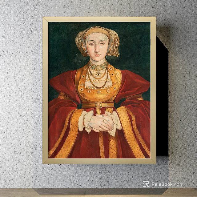 Classical Portrait Painting of Noblewoman in Red Gold Attire with Jewelry and Green Background 3d model 
