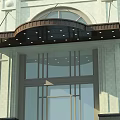Decorative Brown Awning For Building Entrance With Exterior Lights And Metal Frame
