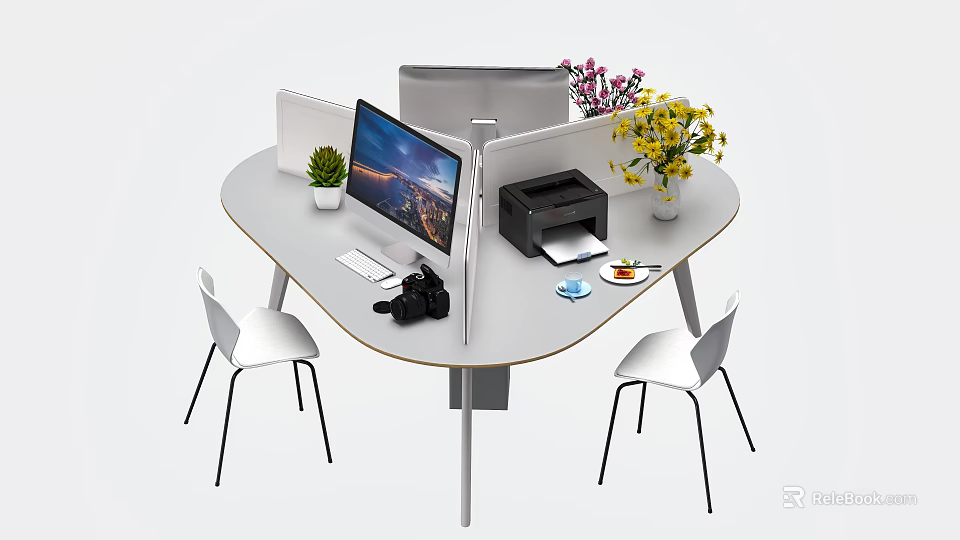 Modern Semicircular Office Desk With White Chairs Computer Monitor Printer And Potted Plants 3d model 