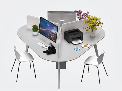 Modern Semicircular Office Desk With White Chairs Computer Monitor Printer And Potted Plants 3d model
