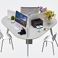 Modern Semicircular Office Desk With White Chairs Computer Monitor Printer And Potted Plants