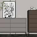 Light And Dark Dressers In Modern Interior With Framed Art Decorative Items Potted Plant
