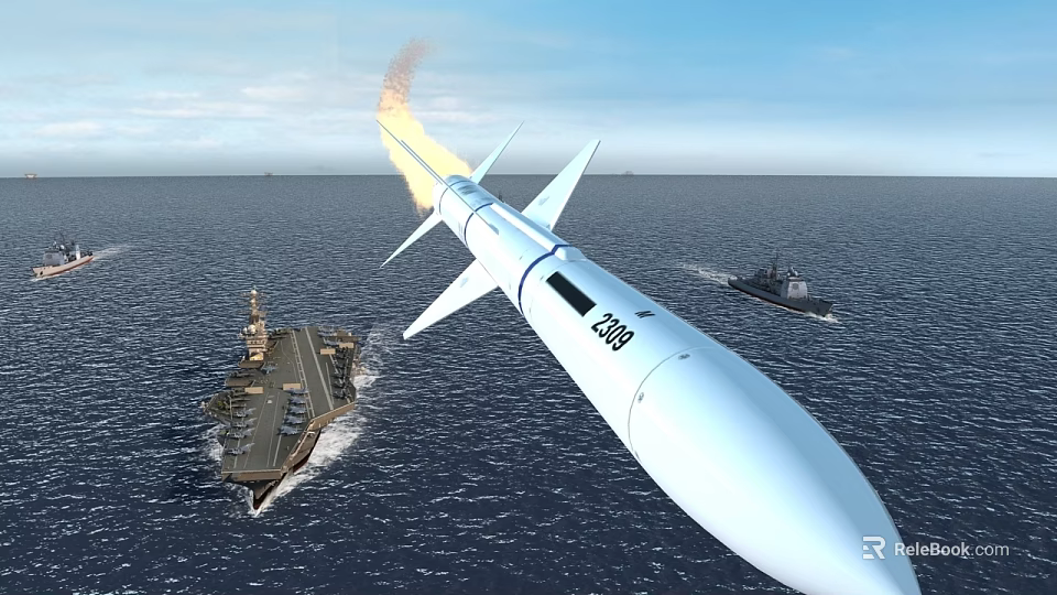 Warship Launching Missile At Sea With Aircraft Carrier And Small Vessel 3d model 