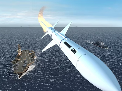 Warship Launching Missile At Sea With Aircraft Carrier And Small Vessel 3d model