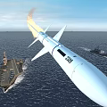Warship Launching Missile At Sea With Aircraft Carrier And Small Vessel